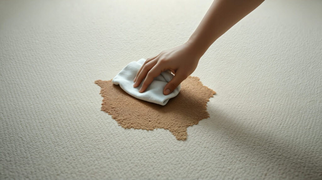 A hand uses a white cloth to clean a brown stain on a light carpet. The scene conveys care and focus on maintaining cleanliness.